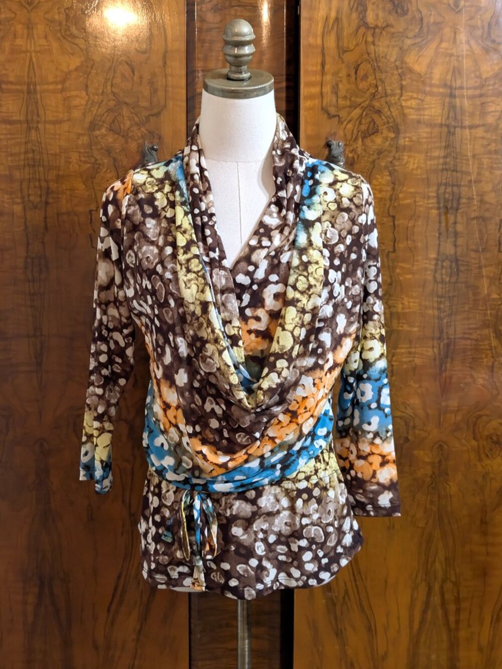 Juliette Draped Cowl Neck Blouse Size M Abstract Art Print Tie Waist Top Fun